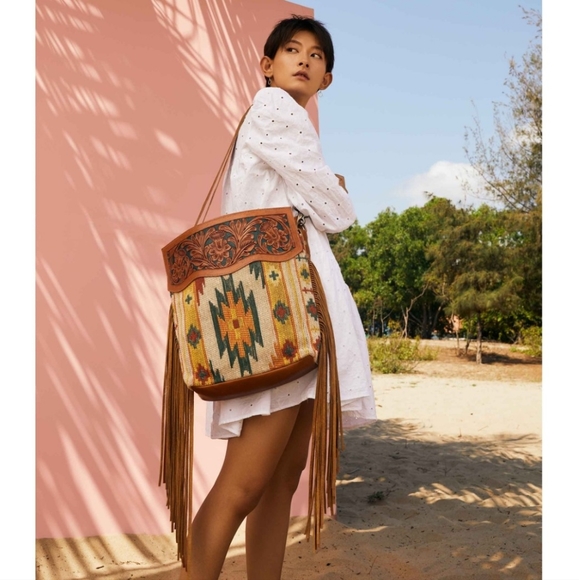 American Darling Handbags - Cross Body Fringe Brown Tooled Leather Bag Purse Western Native American rodeo